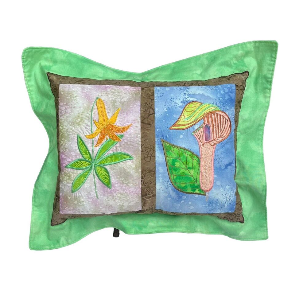 Vtg Quilted Batik Floral Throw Pillow 20” Appliqué Lily Cottagecore Botanical